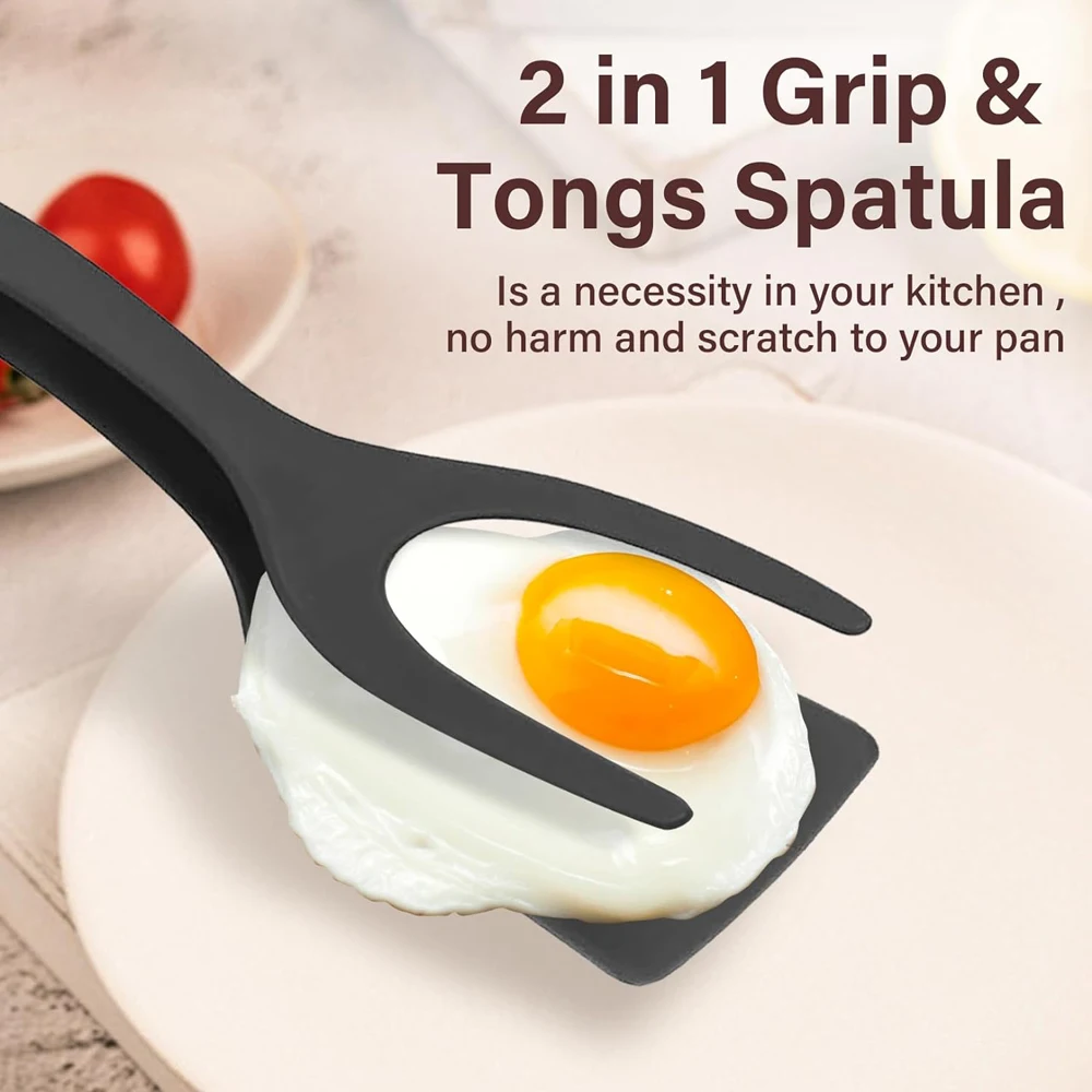 New 2 in 1 Grip Flip Spatula Tongs Egg Flipper Spatula Nylon Non Stick Coating Pancake Fish French Toast Omelet Making Tool